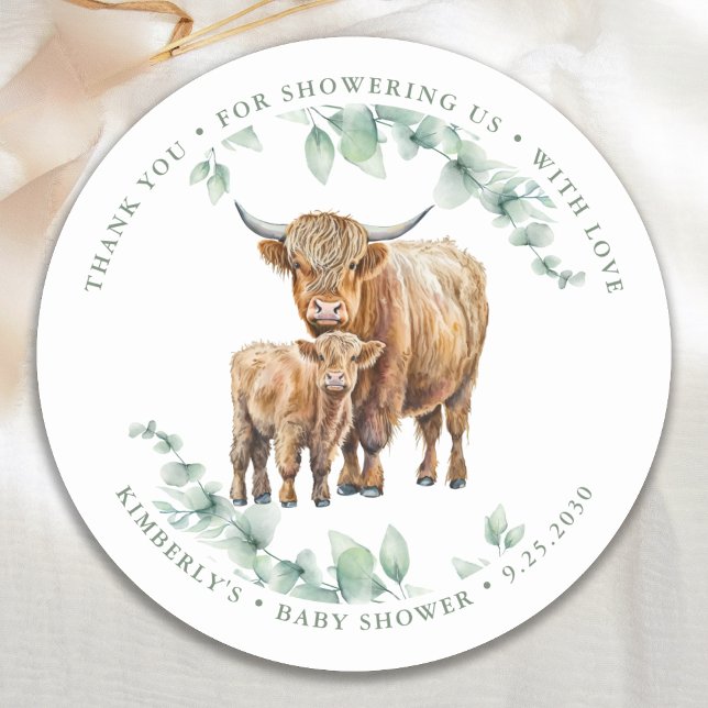 Highland Cow Greenery Farm Animals Baby Shower Classic Round Sticker (Creator Uploaded)