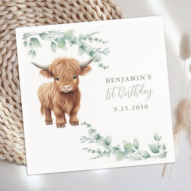 Highland Cow Greenery Farm Animals Kids Birthday Napkin (Creator Uploaded)
