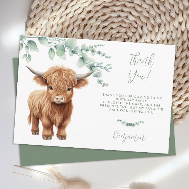 Highland Cow Greenery Farm Animals Kids Birthday Thank You Card (Creator Uploaded)