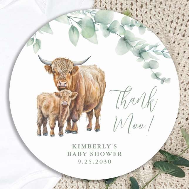 Highland Cow Greenery Thank You Baby Shower Classic Round Sticker (Creator Uploaded)