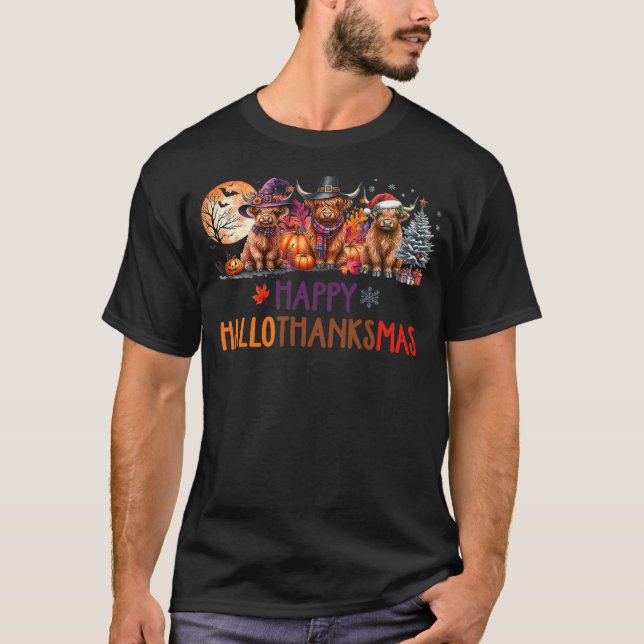Highland Cow Halloween Christmas Thanksgiving Hall T-Shirt (Front)
