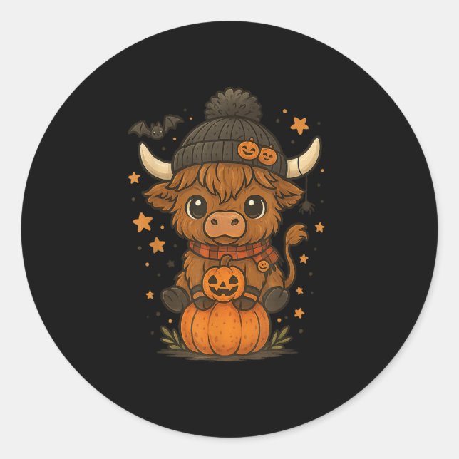 Highland Cow Halloween Cute Pumpkin  Classic Round Sticker (Front)