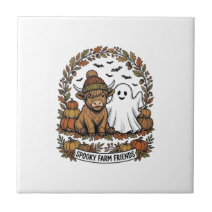 Highland Cow Halloween Ghost Pumpkin Vintage Art Ceramic Tile