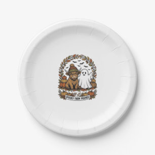 Highland Cow Halloween Ghost Pumpkin Vintage Art Paper Plate