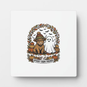 Highland Cow Halloween Ghost Pumpkin Vintage Art Plaque