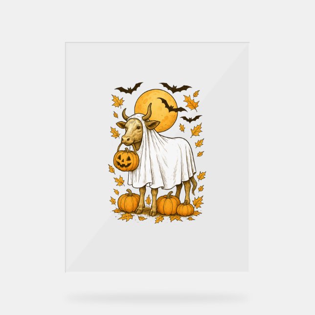 Highland Cow Halloween in Ghost Costume Acrylic Sign (Front)