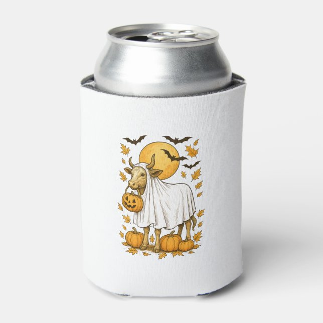 Highland Cow Halloween in Ghost Costume Can Cooler (Can Front)