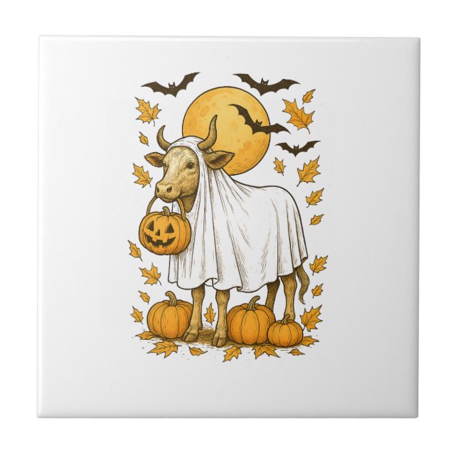 Highland Cow Halloween in Ghost Costume Ceramic Tile (Front)
