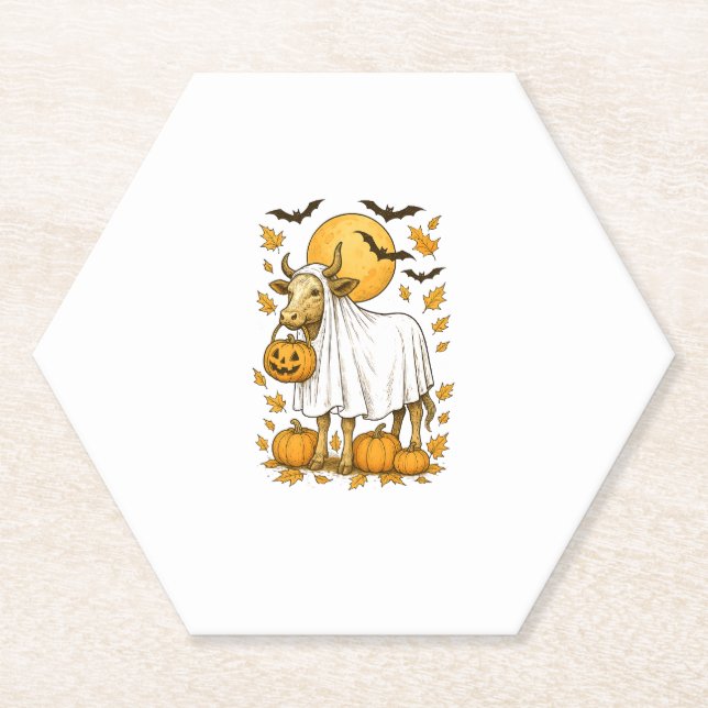 Highland Cow Halloween in Ghost Costume Paper Coaster (Front)