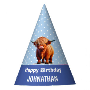Highland Cow Happy Birthday Blue Party Hat