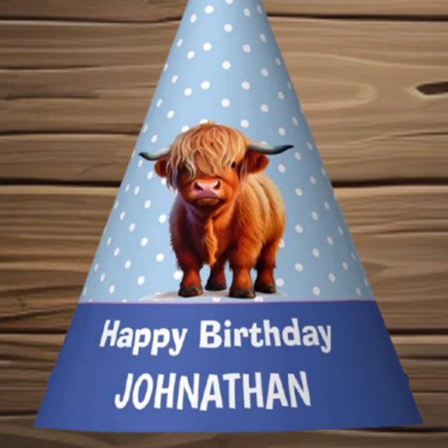 Highland Cow Happy Birthday Blue Party Hat (Celebrate with a smile! Send warm birthday wishes featuring a charming Highland Cow in a blue party )