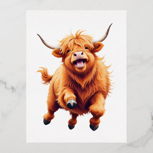 Highland Cow Happy Playful Fun Jumping In The Air  Foil Holiday Postcard