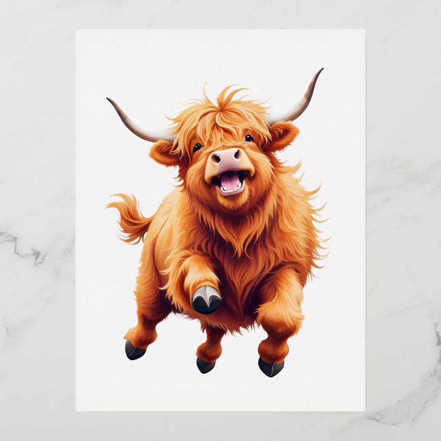 Highland Cow Happy Playful Fun Jumping In The Air  Foil Holiday Postcard (Front)
