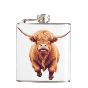 Highland Cow Happy Playful Fun Jumping In The Air Hip Flask