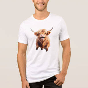 Highland Cow Happy Playful Fun Jumping In The Air Tri-Blend Shirt