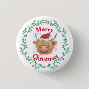 Highland Cow Hat Thistle Wreath Merry Christmas  3 Cm Round Badge