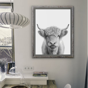 Highland Cow Head Portrait  Black white    Poster