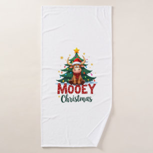 Highland Cow Heifer Santa Hat Mooey Christmas Tree Bath Towel