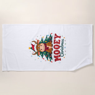Highland Cow Heifer Santa Hat Mooey Christmas Tree Beach Towel