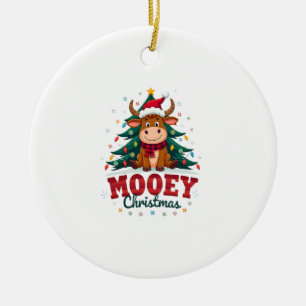 Highland Cow Heifer Santa Hat Mooey Christmas Tree Ceramic Ornament