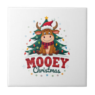 Highland Cow Heifer Santa Hat Mooey Christmas Tree Ceramic Tile