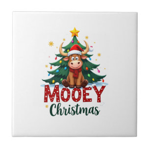 Highland Cow Heifer Santa Hat Mooey Christmas Tree Ceramic Tile