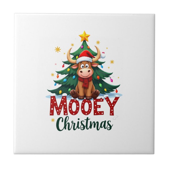 Highland Cow Heifer Santa Hat Mooey Christmas Tree Ceramic Tile (Front)