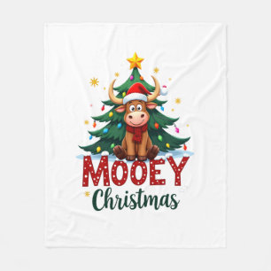 Highland Cow Heifer Santa Hat Mooey Christmas Tree Fleece Blanket