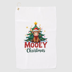 Highland Cow Heifer Santa Hat Mooey Christmas Tree Golf Towel