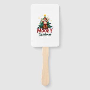 Highland Cow Heifer Santa Hat Mooey Christmas Tree Hand Fan