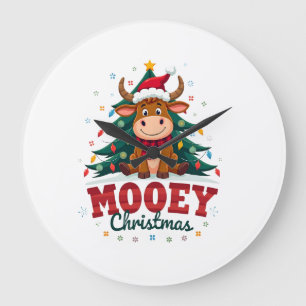 Highland Cow Heifer Santa Hat Mooey Christmas Tree Large Clock