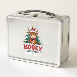 Highland Cow Heifer Santa Hat Mooey Christmas Tree Metal Lunch Box
