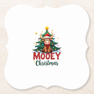 Highland Cow Heifer Santa Hat Mooey Christmas Tree Paper Coaster