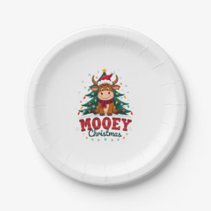 Highland Cow Heifer Santa Hat Mooey Christmas Tree Paper Plate