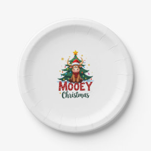 Highland Cow Heifer Santa Hat Mooey Christmas Tree Paper Plate