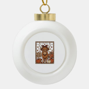 Highland Cow Hello Fall Vintage Engraving Design Ceramic Ball Christmas Ornament
