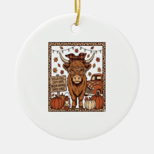Highland Cow Hello Fall Vintage Engraving Design Ceramic Ornament