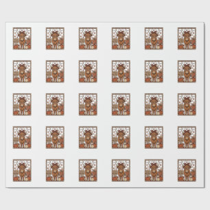 Highland Cow Hello Fall Vintage Engraving Design Wrapping Paper