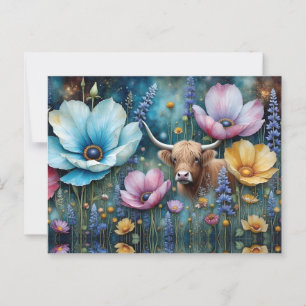 Highland Cow Hiding in Cosmos Floral Tapestry Postcard