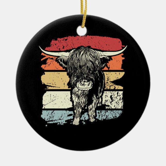 Highland Cow Highland Cows Retro Ceramic Ornament (Front)