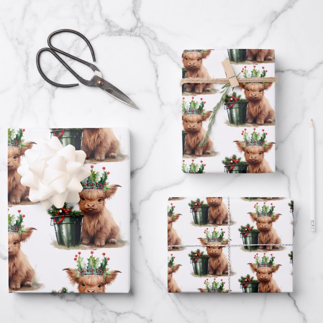 Highland Cow Holly Crown Wrapping Paper  (Front)
