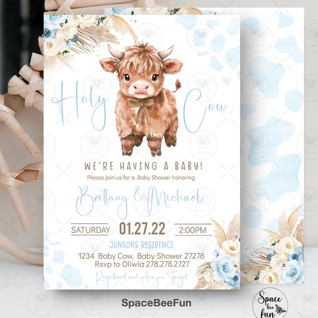 Highland Cow Holy Cow baby shower Boy Invitation (highland cow baby shower, holy cow baby shower, baby shower invitation, boy baby shower, farm animal)