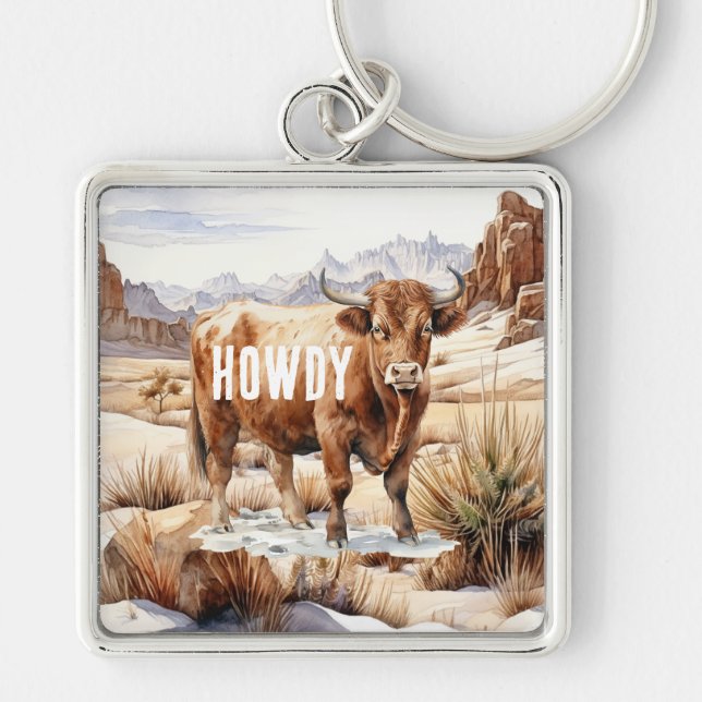 Highland Cow Howdy  Key Ring (Front)