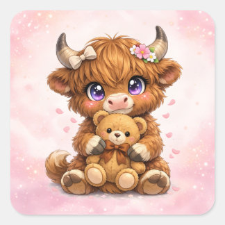  Highland Cow Hugging Teddy Bear Square Sticker