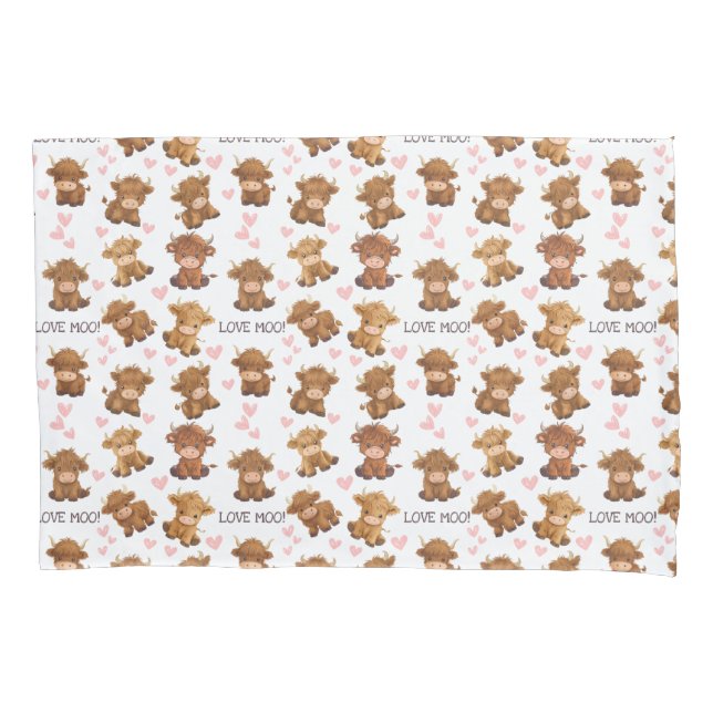 Highland Cow I Love Moo Heart  Pillowcase (Front)