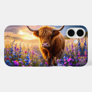 Highland Cow in a field of colourful flowers iPhone 16 Plus Case