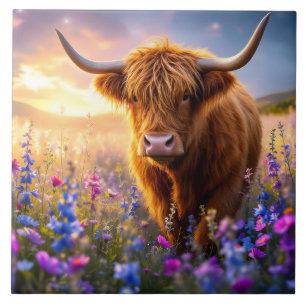 Highland Cow in a field of colourful flowers Ceramic Tile