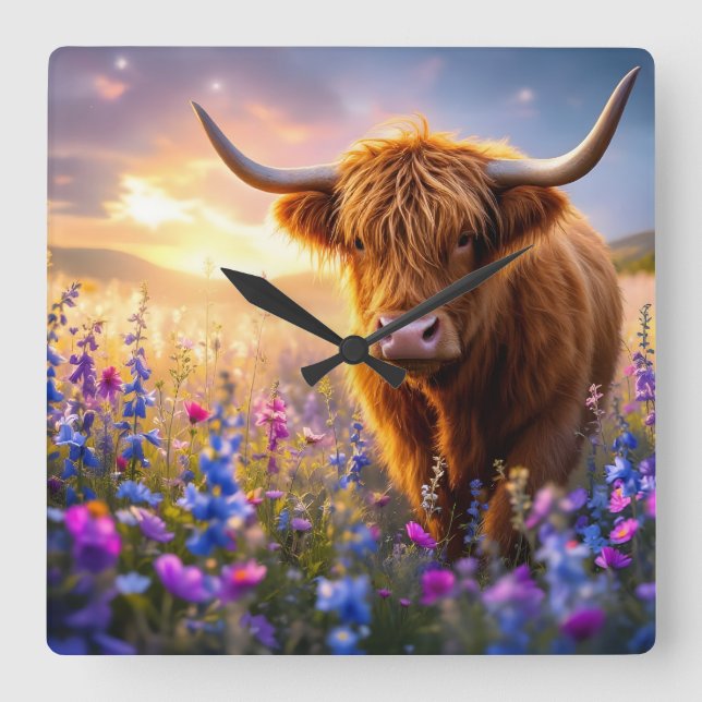 Highland Cow in a field of colourful flowers Square Wall Clock (Front)
