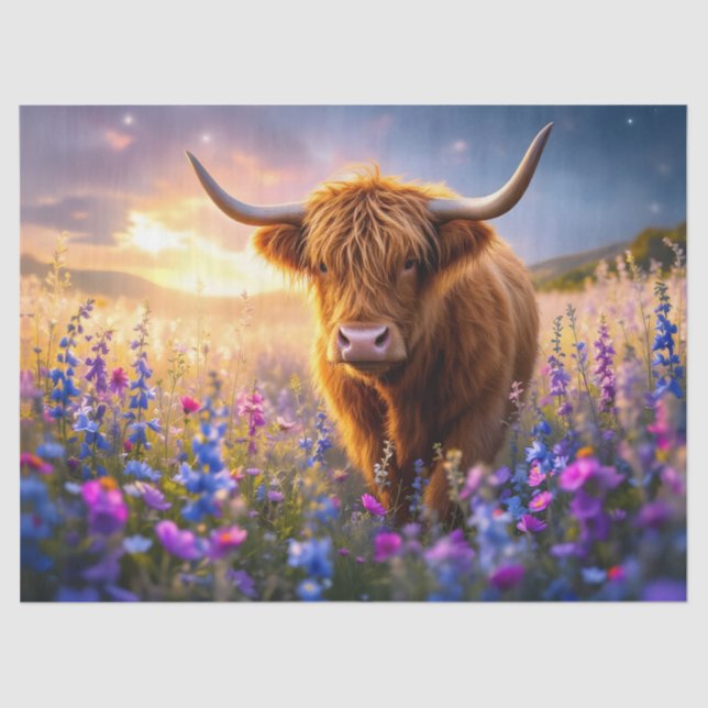Highland Cow in a field of colourful flowers Tissue Paper (Front)