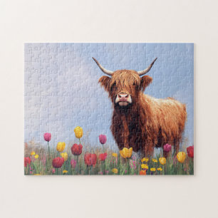 Highland Cow in a Field of Tulips Jigsaw Puzzle